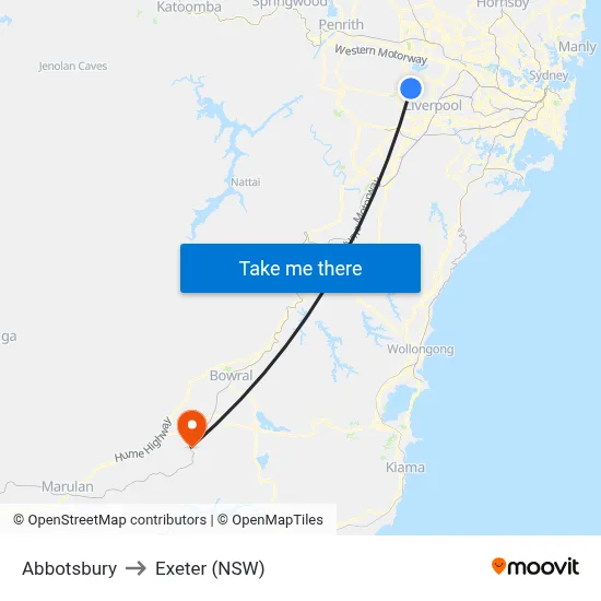 Abbotsbury to Exeter (NSW) map
