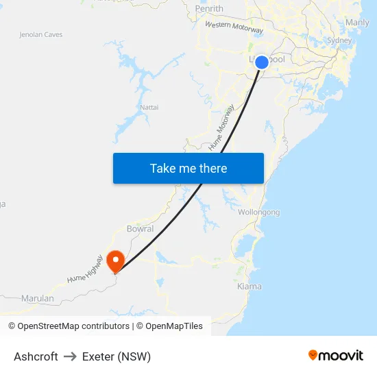 Ashcroft to Exeter (NSW) map
