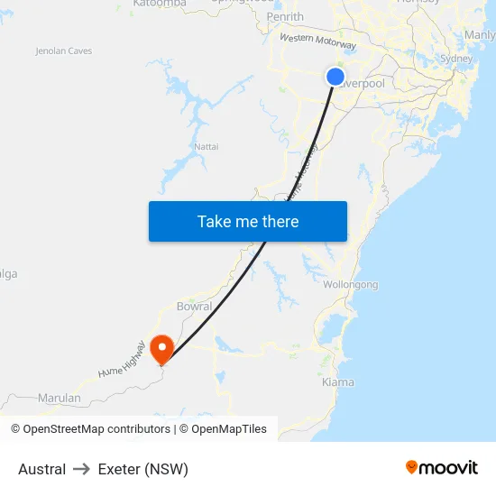 Austral to Exeter (NSW) map