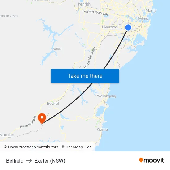 Belfield to Exeter (NSW) map