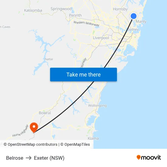 Belrose to Exeter (NSW) map