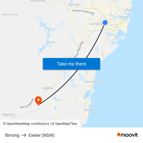 Birrong to Exeter (NSW) map