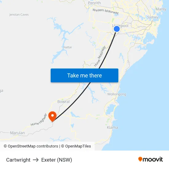 Cartwright to Exeter (NSW) map