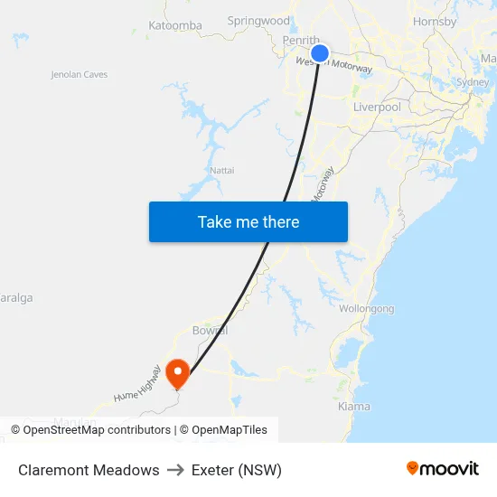 Claremont Meadows to Exeter (NSW) map