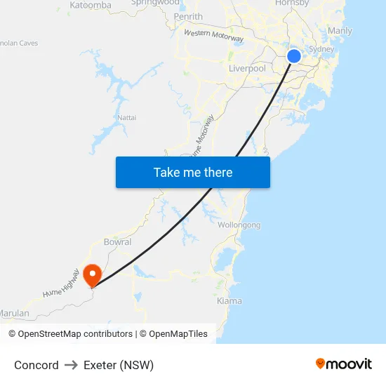 Concord to Exeter (NSW) map