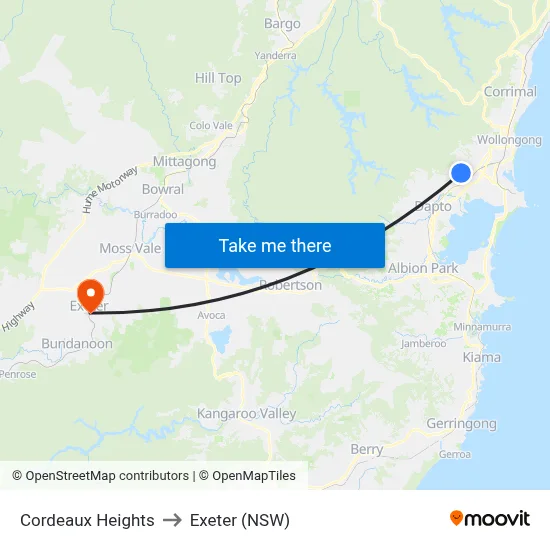 Cordeaux Heights to Exeter (NSW) map
