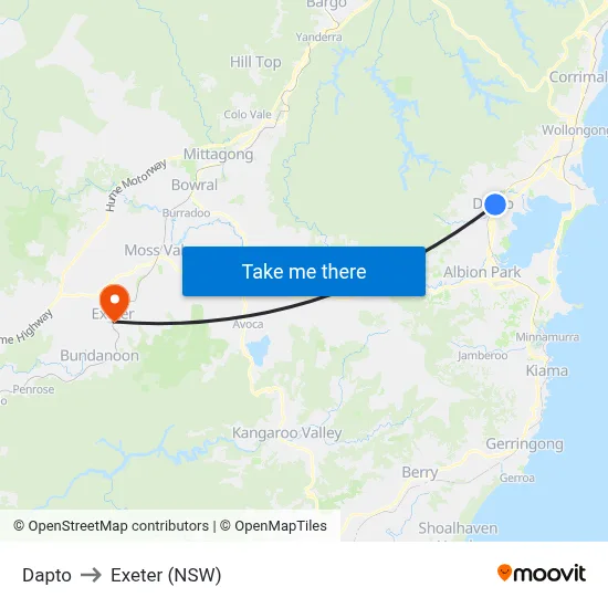 Dapto to Exeter (NSW) map