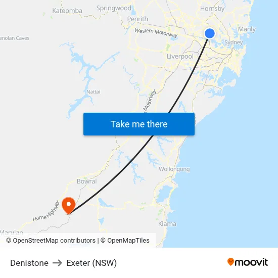 Denistone to Exeter (NSW) map
