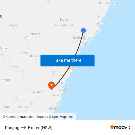 Dungog to Exeter (NSW) map