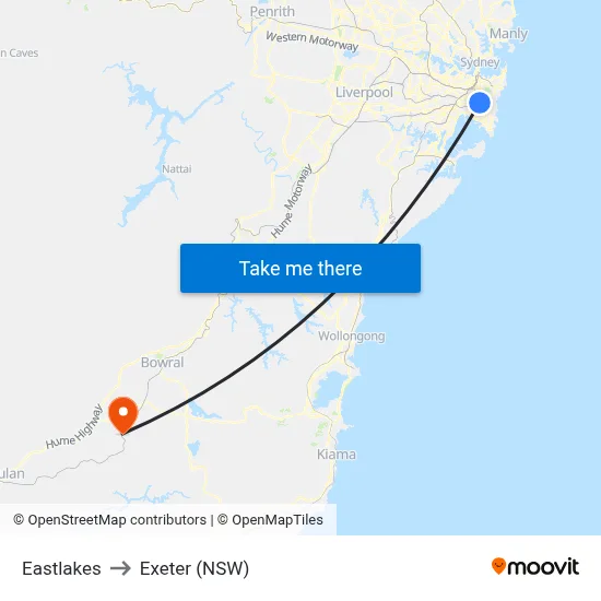 Eastlakes to Exeter (NSW) map