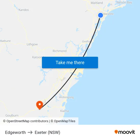 Edgeworth to Exeter (NSW) map