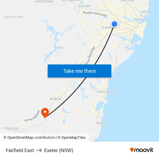 Fairfield East to Exeter (NSW) map