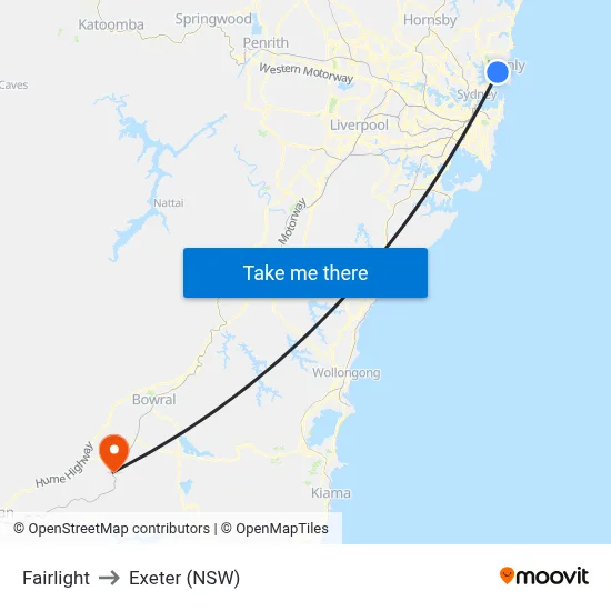 Fairlight to Exeter (NSW) map