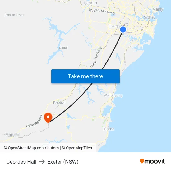 Georges Hall to Exeter (NSW) map