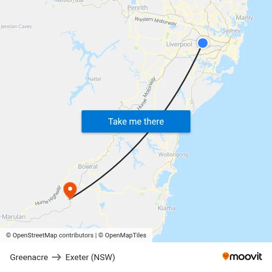 Greenacre to Exeter (NSW) map