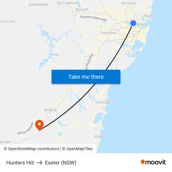 Hunters Hill to Exeter (NSW) map