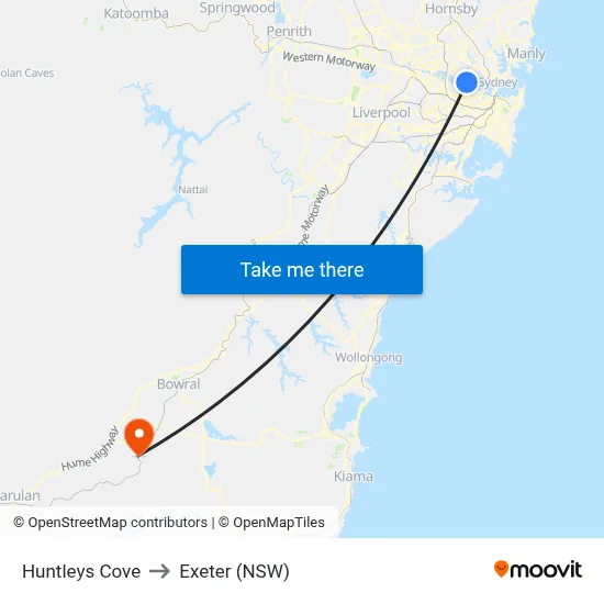 Huntleys Cove to Exeter (NSW) map