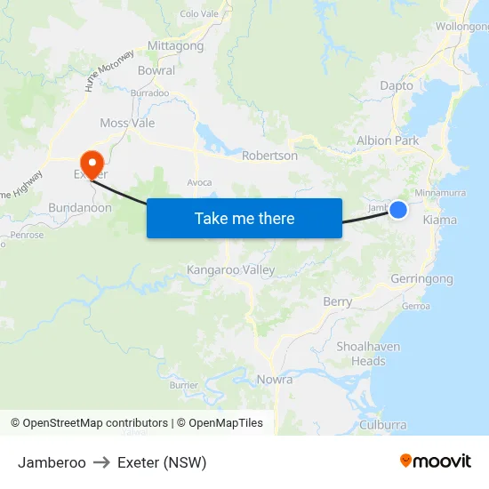 Jamberoo to Exeter (NSW) map