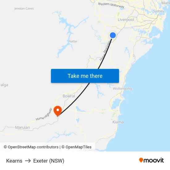 Kearns to Exeter (NSW) map