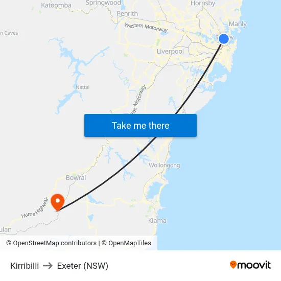 Kirribilli to Exeter (NSW) map