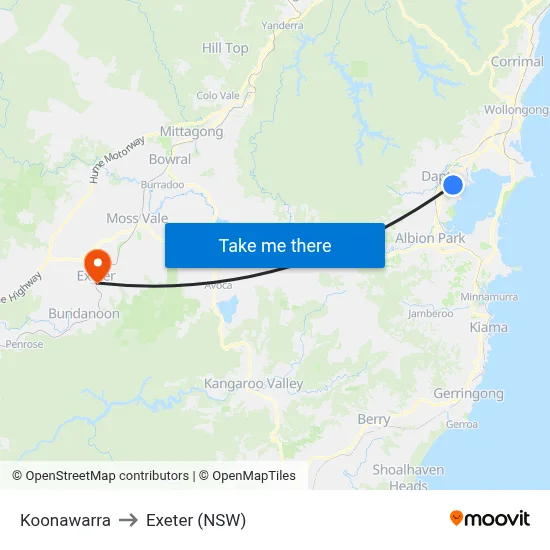 Koonawarra to Exeter (NSW) map