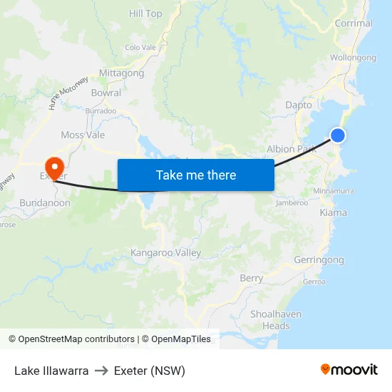 Lake Illawarra to Exeter (NSW) map