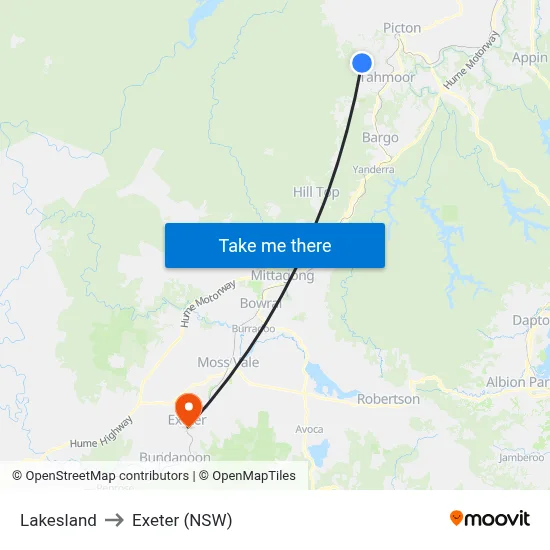 Lakesland to Exeter (NSW) map