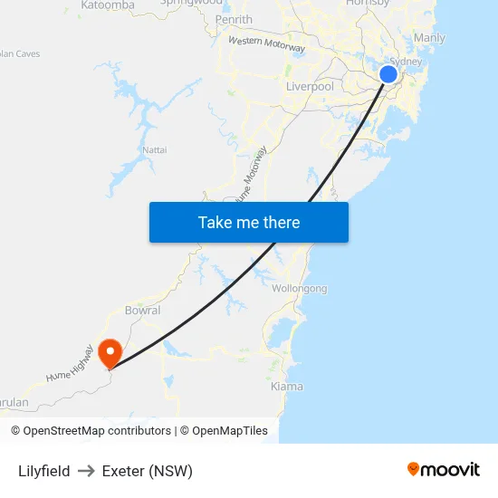 Lilyfield to Exeter (NSW) map