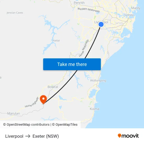 Liverpool to Exeter (NSW) map
