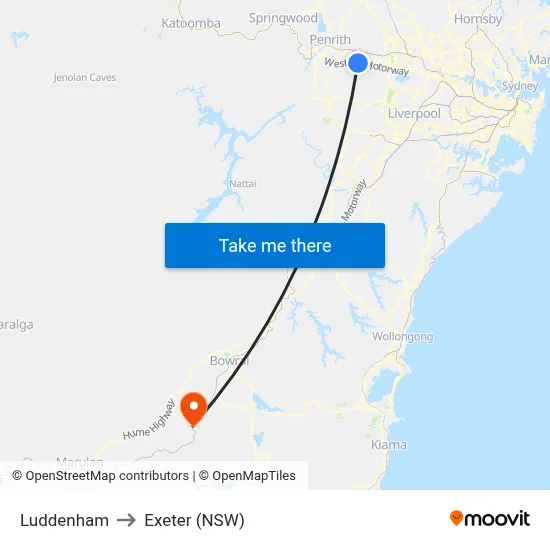 Luddenham to Exeter (NSW) map