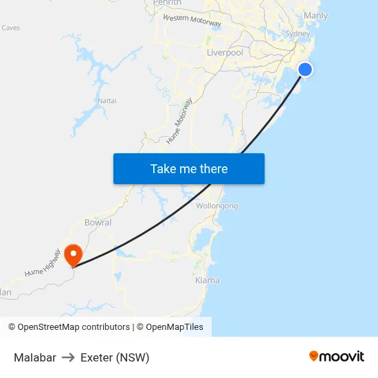 Malabar to Exeter (NSW) map