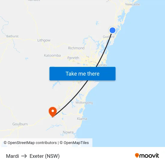 Mardi to Exeter (NSW) map