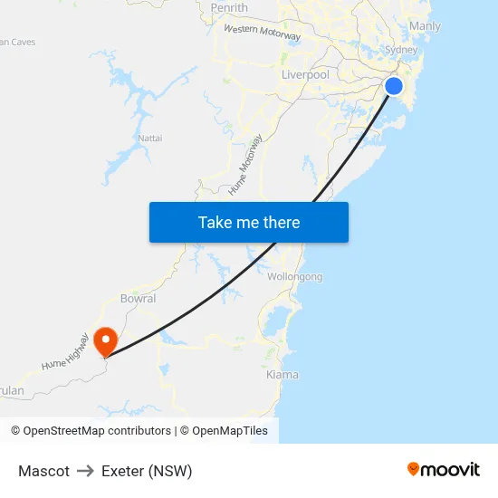 Mascot to Exeter (NSW) map
