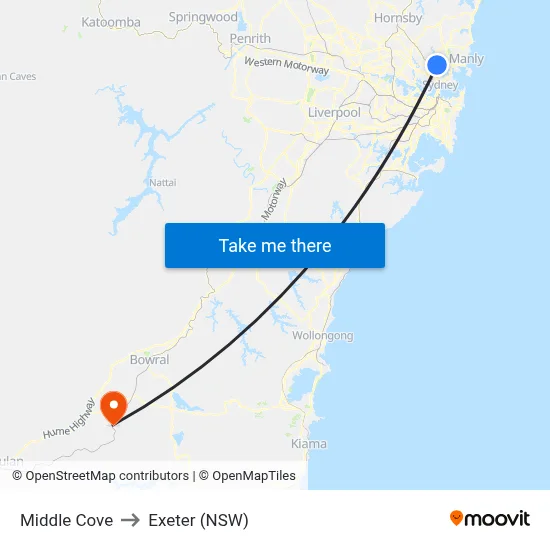 Middle Cove to Exeter (NSW) map