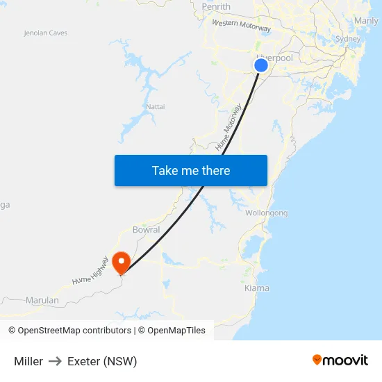 Miller to Exeter (NSW) map