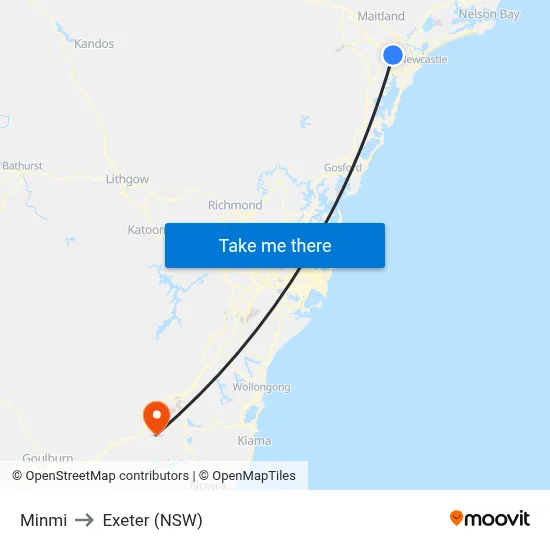 Minmi to Exeter (NSW) map