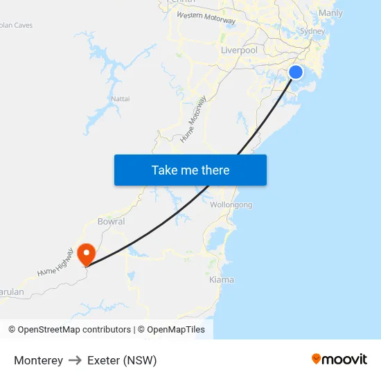 Monterey to Exeter (NSW) map