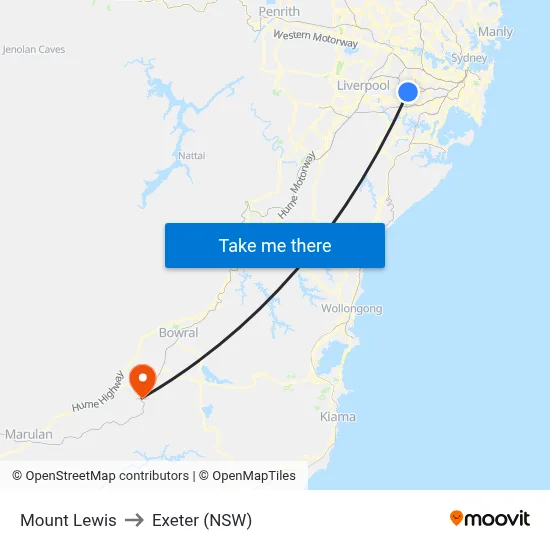 Mount Lewis to Exeter (NSW) map