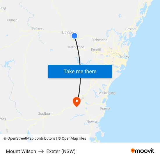 Mount Wilson to Exeter (NSW) map