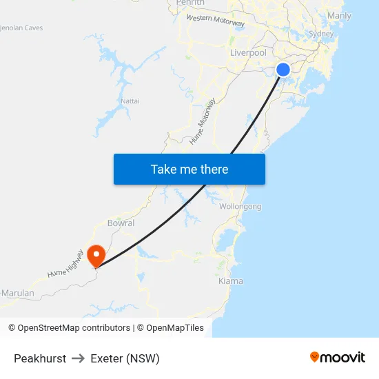 Peakhurst to Exeter (NSW) map