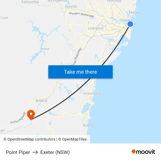 Point Piper to Exeter (NSW) map