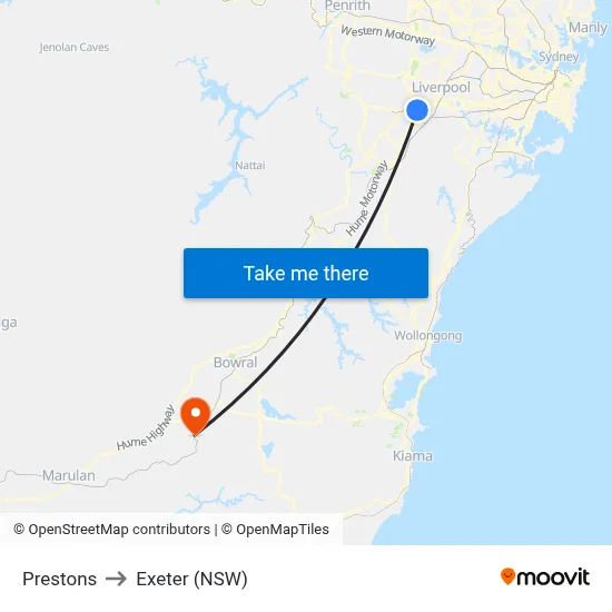 Prestons to Exeter (NSW) map