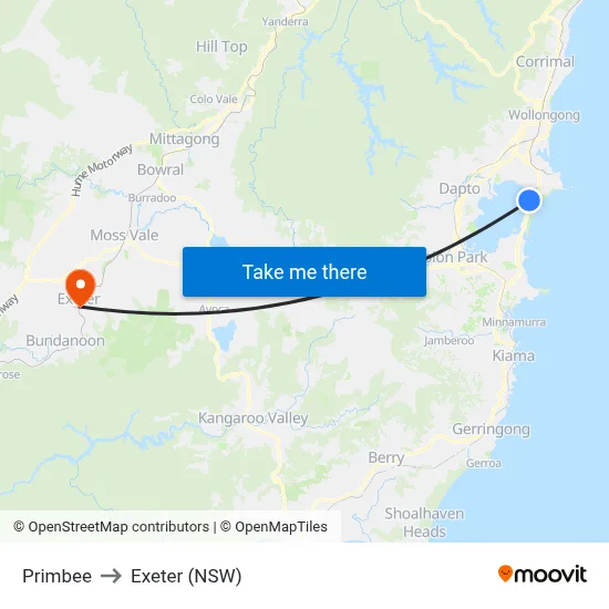 Primbee to Exeter (NSW) map