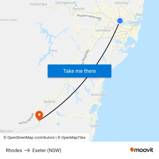 Rhodes to Exeter (NSW) map