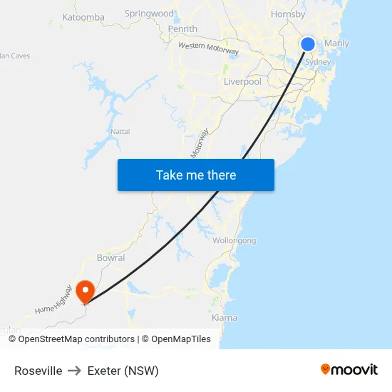 Roseville to Exeter (NSW) map