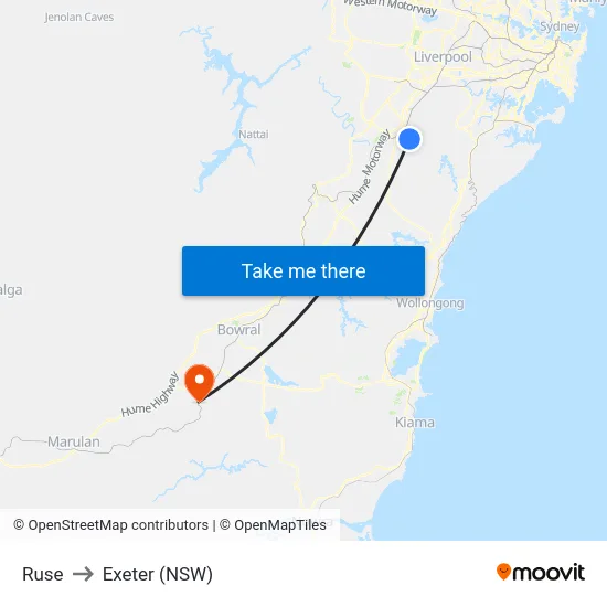 Ruse to Exeter (NSW) map