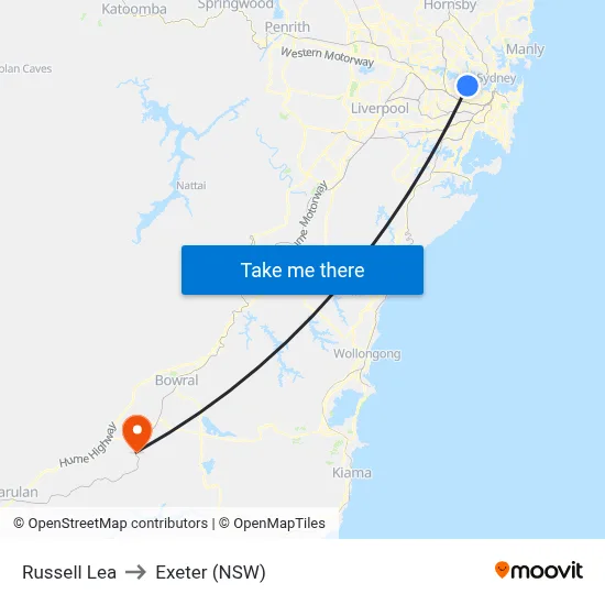 Russell Lea to Exeter (NSW) map
