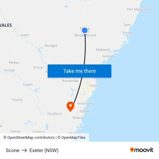Scone to Exeter (NSW) map
