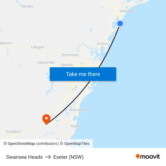 Swansea Heads to Exeter (NSW) map