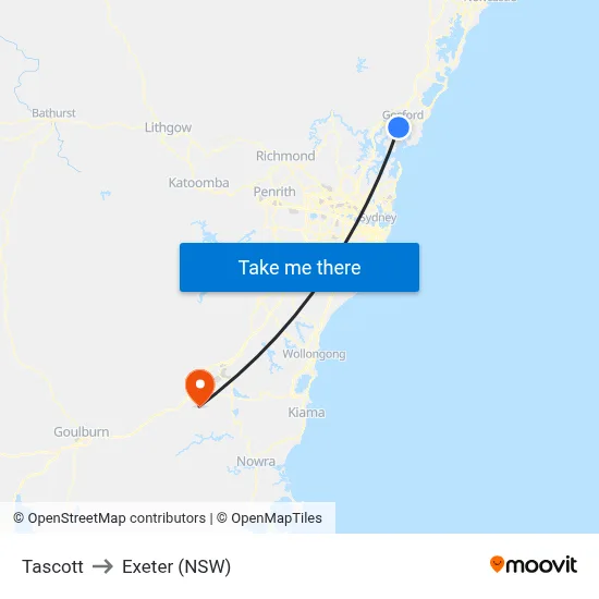 Tascott to Exeter (NSW) map